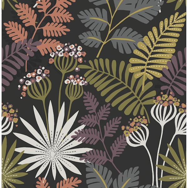 Manhattan Comfort Milwaukee Praslin Black Botanical 33 ft L X 205 in W Wallpaper BR4014-26447 - main